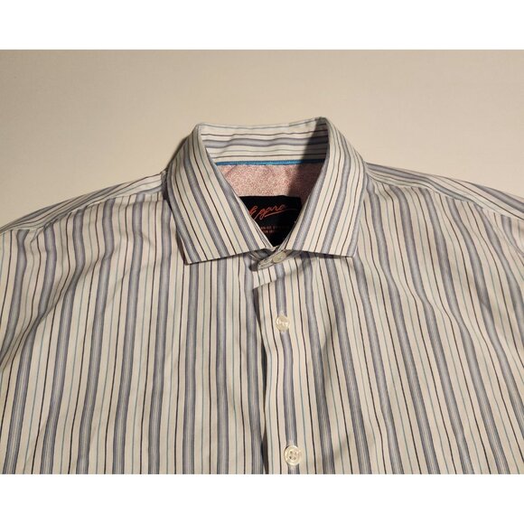 Egara Shirt Blue Striped Pink Flip Cuffs Modern Fit Stretch Mens Large - Picture 2 of 13